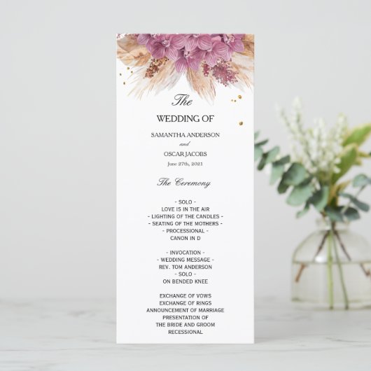 Modern Elegant Beauty Pink Orchid & Pampas & Gold Menu (Staand voorkant)