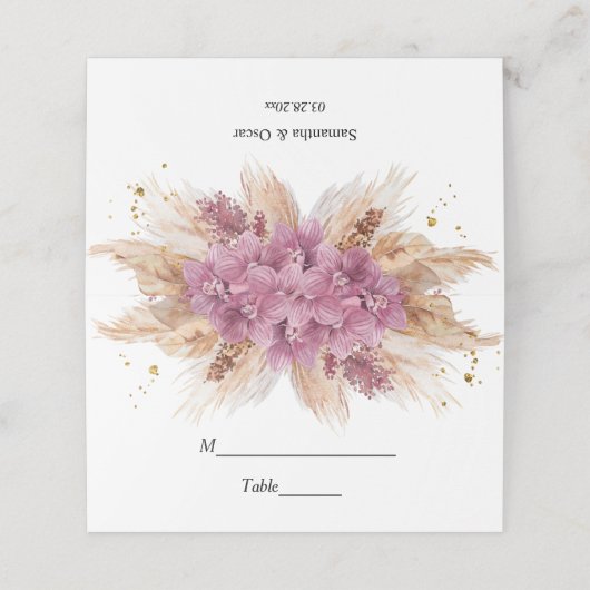 Modern Elegant Beauty Pink Orchid & Pampas & Gold Plaatskaartje (Buitenkant ongevouwen)