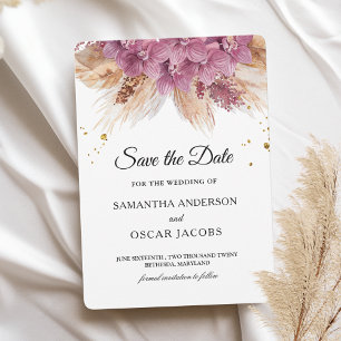 Modern Elegant Beauty Pink Orchid & Pampas & Gold Save The Date