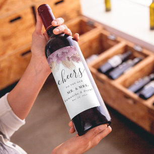 Modern Elegant Beauty Pink Orchid & Pampas & Gold Wijn Etiket