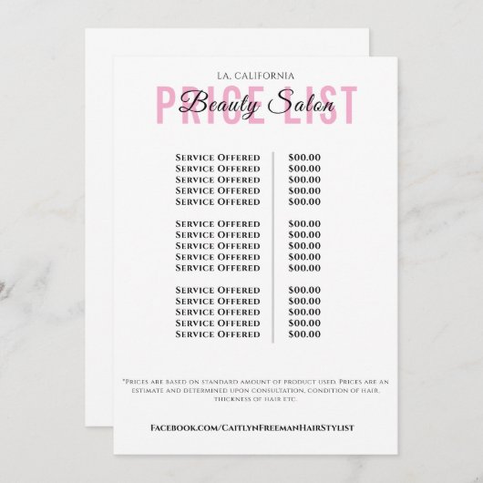 Modern Elegant Beauty Salon Price List Menu (Voorkant / Achterkant)