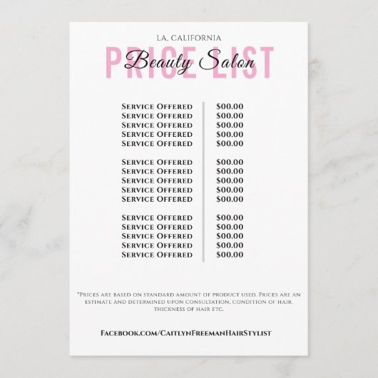 Modern Elegant Beauty Salon Price List Menu (Voorkant)