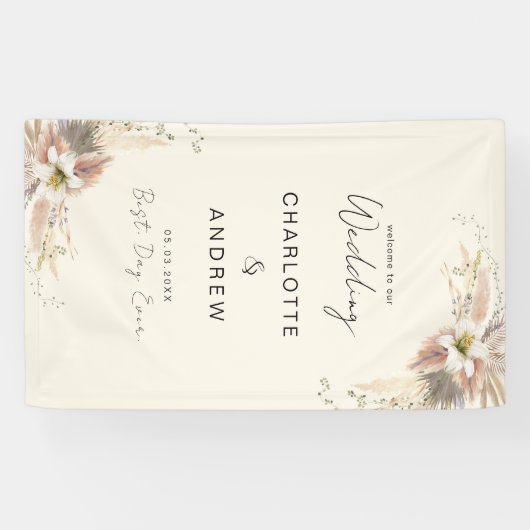 Modern, elegant, beige boho bruiloft spandoek (Horizontaal)