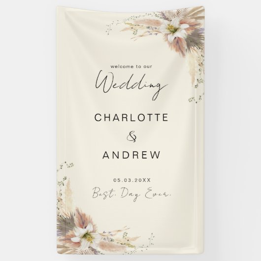 Modern, elegant, beige boho bruiloft spandoek (Verticaal)