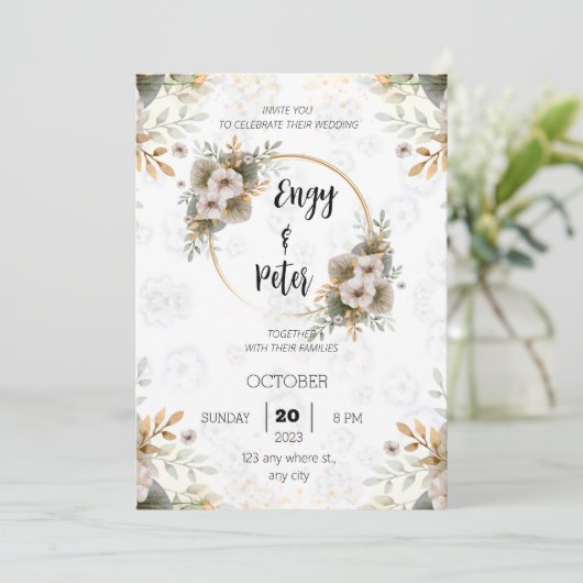 Modern Elegant beige en groene trouwuitnodiging Kaart (Staand voorkant)