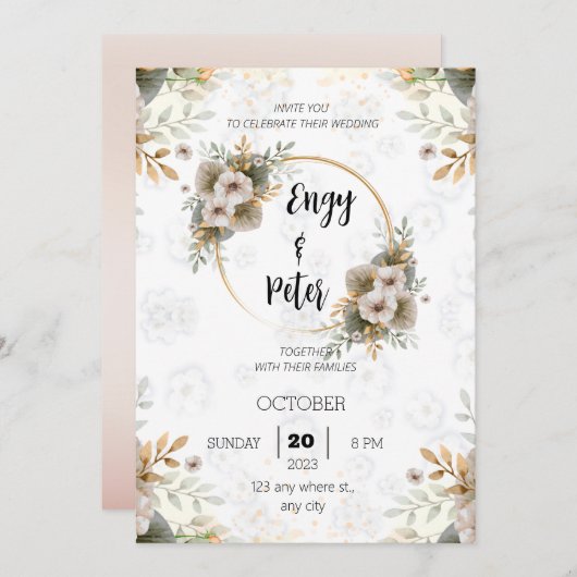 Modern Elegant beige en groene trouwuitnodiging Kaart (Voorkant / Achterkant)