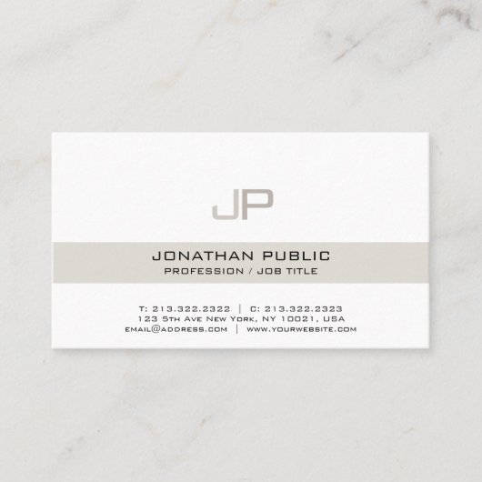 Modern Elegant Beige White Chic Monogram Visitekaartje (Voorkant)