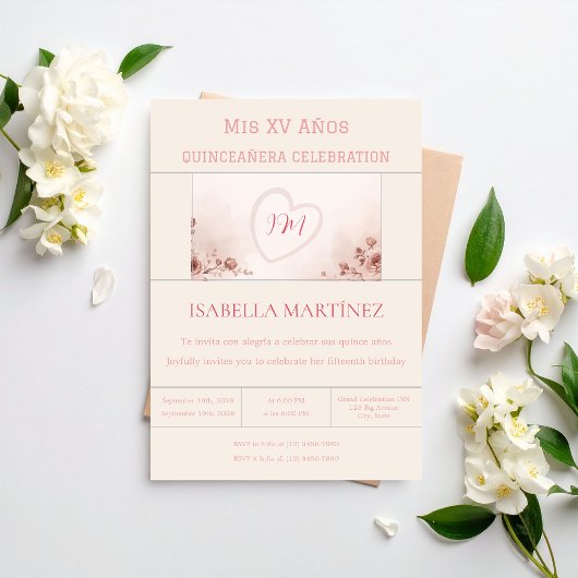 Modern Elegant Bilingual Quinceanera Birthday Kaart