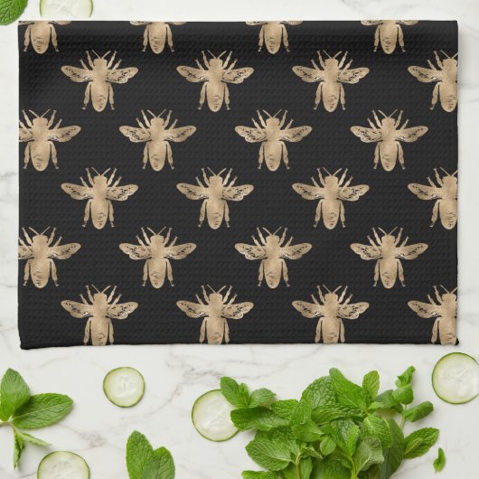 Modern Elegant Black and Gold Bee Pattern Kitchen Theedoek (Gevouwen)