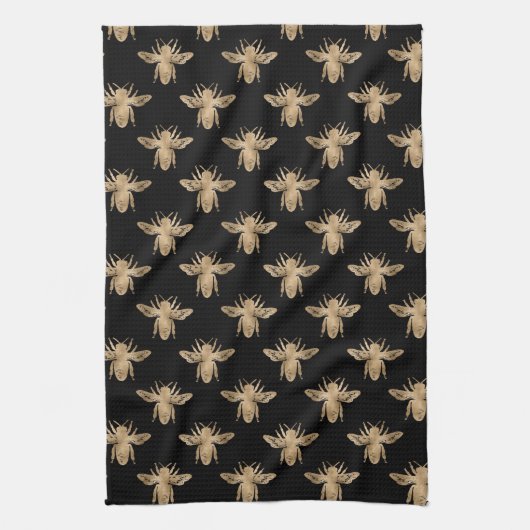 Modern Elegant Black and Gold Bee Pattern Kitchen Theedoek (Verticaal)