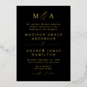 Modern Elegant Black and Gold Monogram Wedding Folie Uitnodiging (Voorkant)