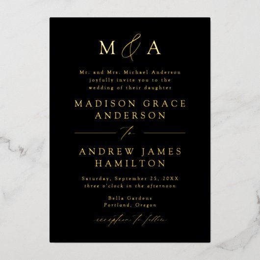 Modern Elegant Black and Gold Monogram Wedding Folie Uitnodiging (Voorkant)