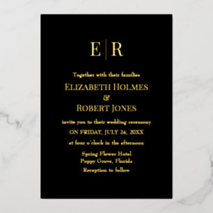 Modern Elegant Black and Gold Monogram Wedding Folie Uitnodiging