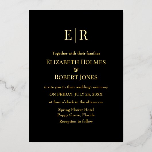 Modern Elegant Black and Gold Monogram Wedding Folie Uitnodiging (Voorkant)