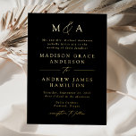 Modern Elegant Black and Gold Monogram Wedding Folie Uitnodiging<br><div class="desc">Vier uw trouwdag met deze minimalistische uitnodiging met uw monogram initialen en huwelijksdetails in een elegante gouden folie. Delicate kalligrafie script accenten voegen een romantische, verfijnde touch aan het ontwerp. De strakke zwarte achtergrond is volledig aanpasbaar - kies elke kleur die perfect bij uw huwelijksthema past. Perfect voor koppels die...</div>