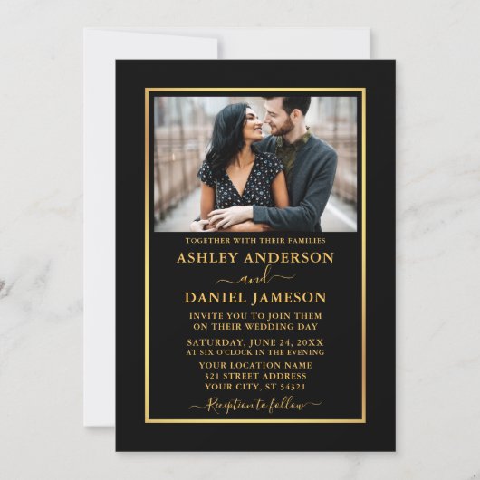 Modern Elegant Black and Gold Wedding Kaart (Voorkant)