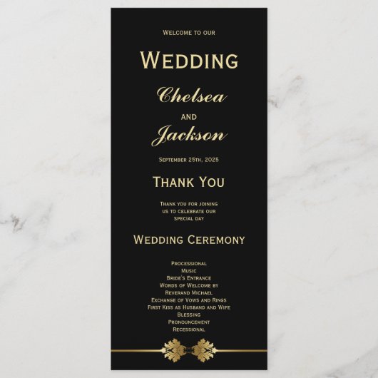 Modern Elegant Black and Gold Wedding Programmakaart (Voorkant)