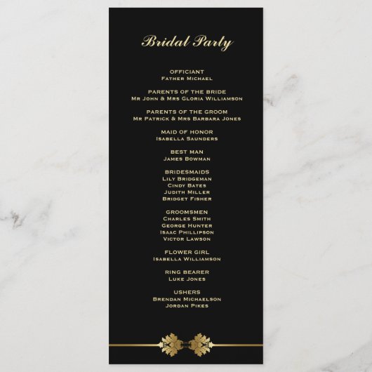 Modern Elegant Black and Gold Wedding Programmakaart (Achterkant)