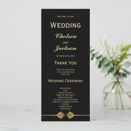 Modern Elegant Black and Gold Wedding Programmakaart (Staand voorkant)