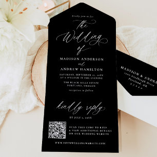 Modern Elegant Black and White Calligraphy Wedding All In One Uitnodiging
