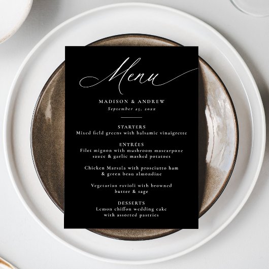 Modern Elegant Black and White Calligraphy Wedding Menu