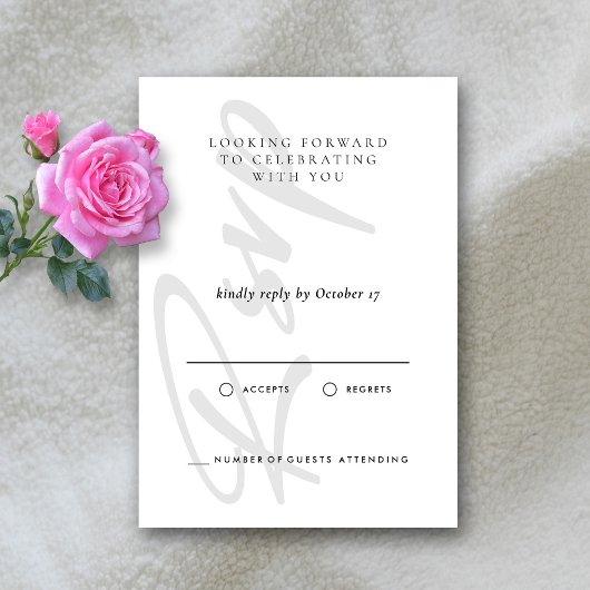 Modern Elegant Black and White Monogram Wedding RSVP Kaartje