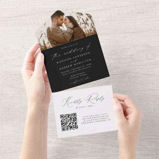 Modern Elegant Black and White Photo Wedding All In One Uitnodiging (Afscheurbaar)
