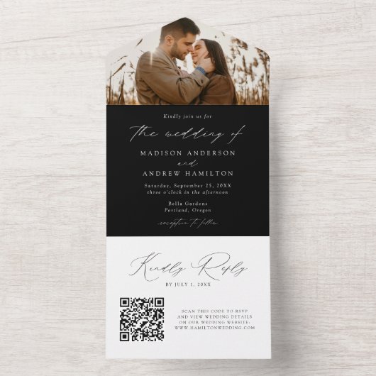 Modern Elegant Black and White Photo Wedding All In One Uitnodiging (Binnen)