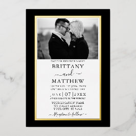 Modern Elegant Black and White Photo Wedding Gold Folie Uitnodiging