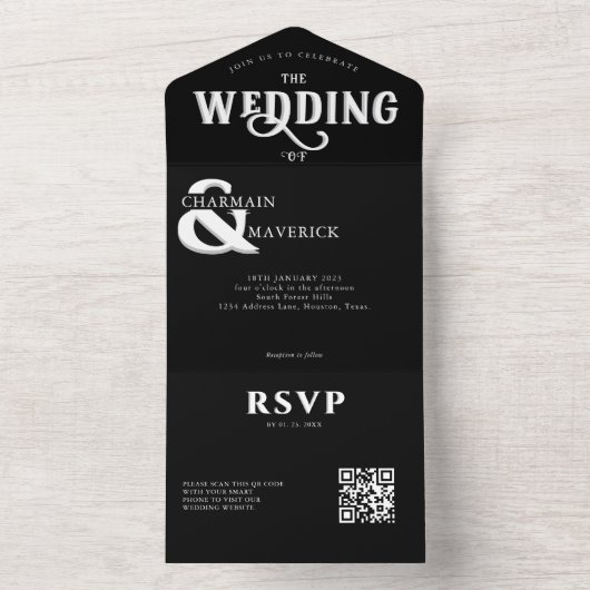 Modern Elegant Black and White QR Code Wedding All In One Uitnodiging (Binnen)