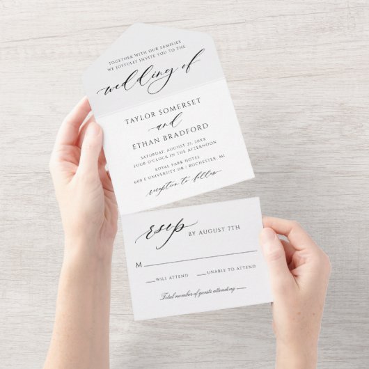 Modern Elegant Black and White Wedding All In One Uitnodiging (Afscheurbaar)