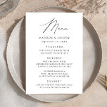 Modern Elegant Black and White Wedding Menu<br><div class="desc">Eenvoudig en elegant trouwmenu met "Menu" in een modern zwart script met een witte achtergrond of kleur van uw keuze. Pas het trouwmenu aan door uw namen,  trouwdatum,  en menuinformatie toe te voegen. Ontworpen om te coördineren met ons Modern Elegance bruiloft collectie.</div>