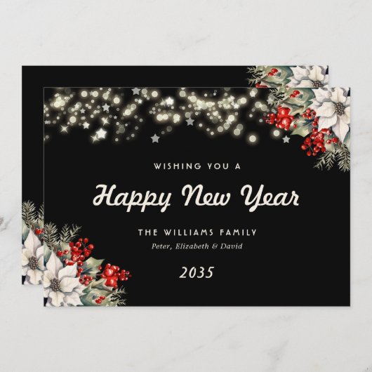 Modern Elegant Black Botanical New Year Card Feestdagenkaart (Voorkant / Achterkant)