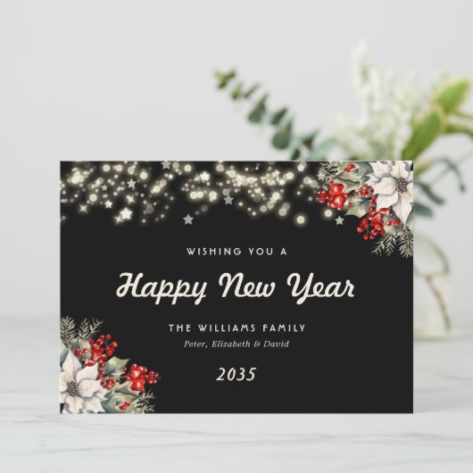 Modern Elegant Black Botanical New Year Card Feestdagenkaart (Staand voorkant)