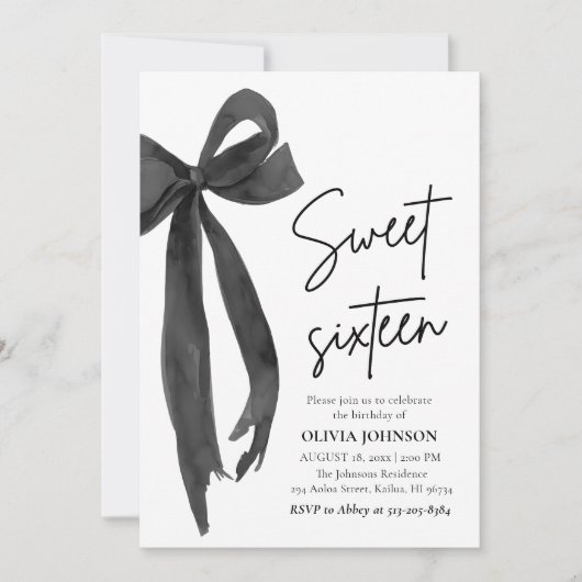 Modern Elegant Black Bow Sweet 16 Verjaardagsfeest Kaart (Voorkant)