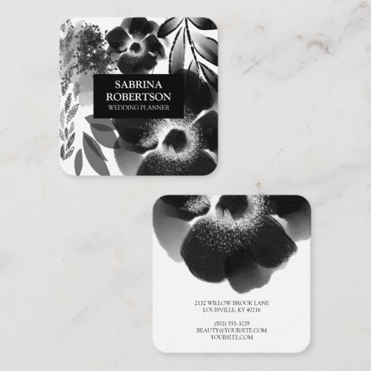 Modern Elegant Black en White Floral Pattern Vierkante Visitekaartje (Voorkant / Achterkant)