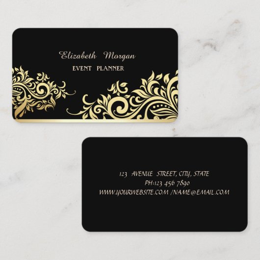 Modern Elegant Black, Faux Gold Floral Visitekaartje (Voorkant / Achterkant)