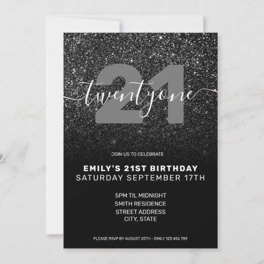 Modern Elegant Black Glitter 21st Birthday Kaart (Voorkant)