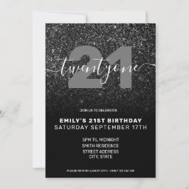 Modern Elegant Black Glitter 21st Birthday Kaart