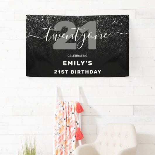 Modern Elegant Black Glitter 21st Birthday Spandoek (Insitu)