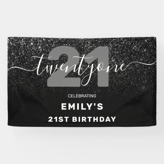 Modern Elegant Black Glitter 21st Birthday Spandoek (Horizontaal)