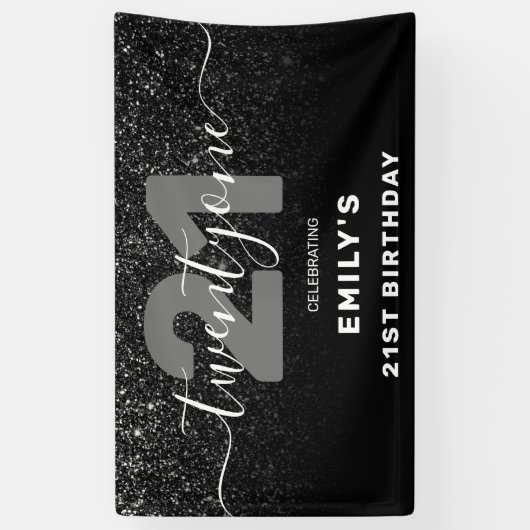 Modern Elegant Black Glitter 21st Birthday Spandoek (Verticaal)