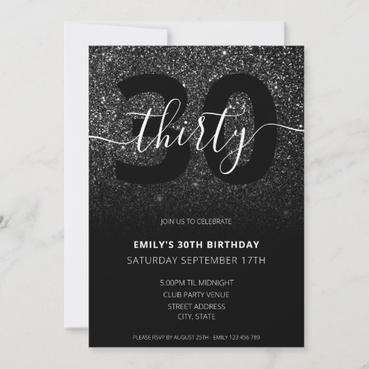Modern Elegant Black Glitter 30th Birthday Kaart (Voorkant)