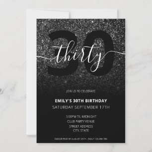 Modern Elegant Black Glitter 30th Birthday Kaart
