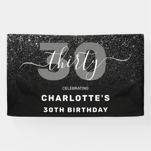 Modern Elegant Black Glitter 30th Birthday Spandoek (Horizontaal)