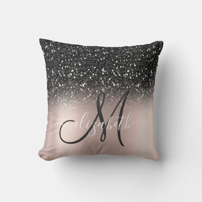 Modern Elegant Black Glitter Roos Gold Monogram Kussen (Voorkant)