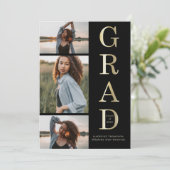 Modern Elegant Black Gold 3 Foto Afstuderen Aankondiging (Staand voorkant)