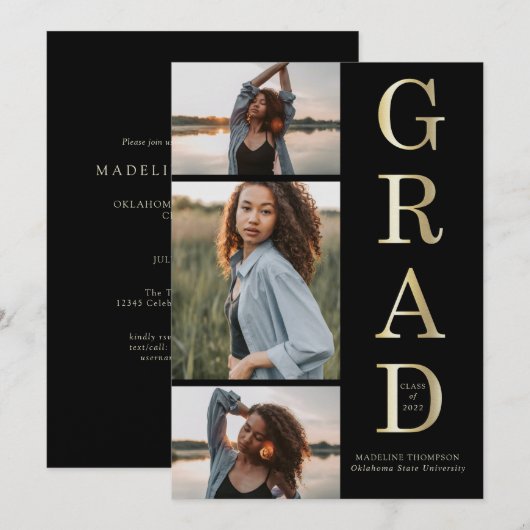 Modern Elegant Black Gold 3 Foto Afstuderen Kaart (Voorkant / Achterkant)