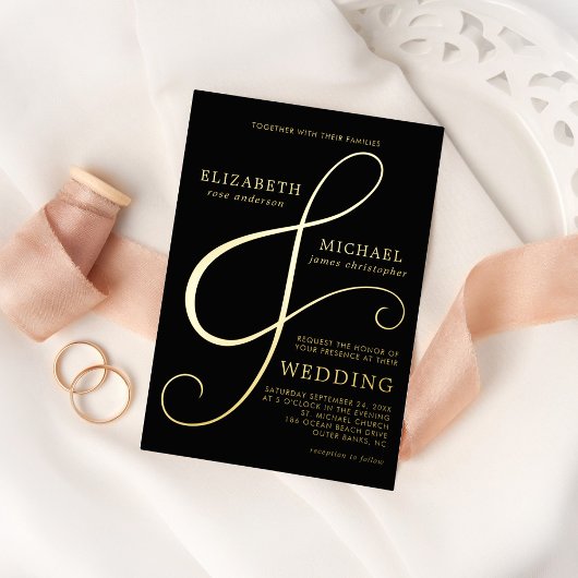 Modern Elegant Black Gold Ampersand Wedding Folie Uitnodiging