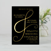Modern Elegant Black Gold Ampersand Wedding Folie Uitnodiging (Staand Voorkant)